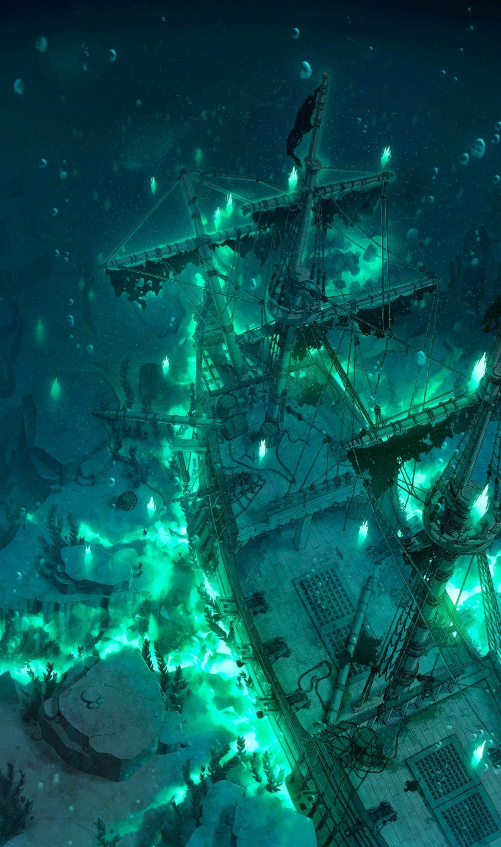 Top-down battlemap of a massive wrecked galleon resting on a rocky seabed at the bottom of the ocean, its sails tattered and hull half-buried in sediment. The ship is surrounded by ghostly, spectral green fire that bleeds through the dark water.