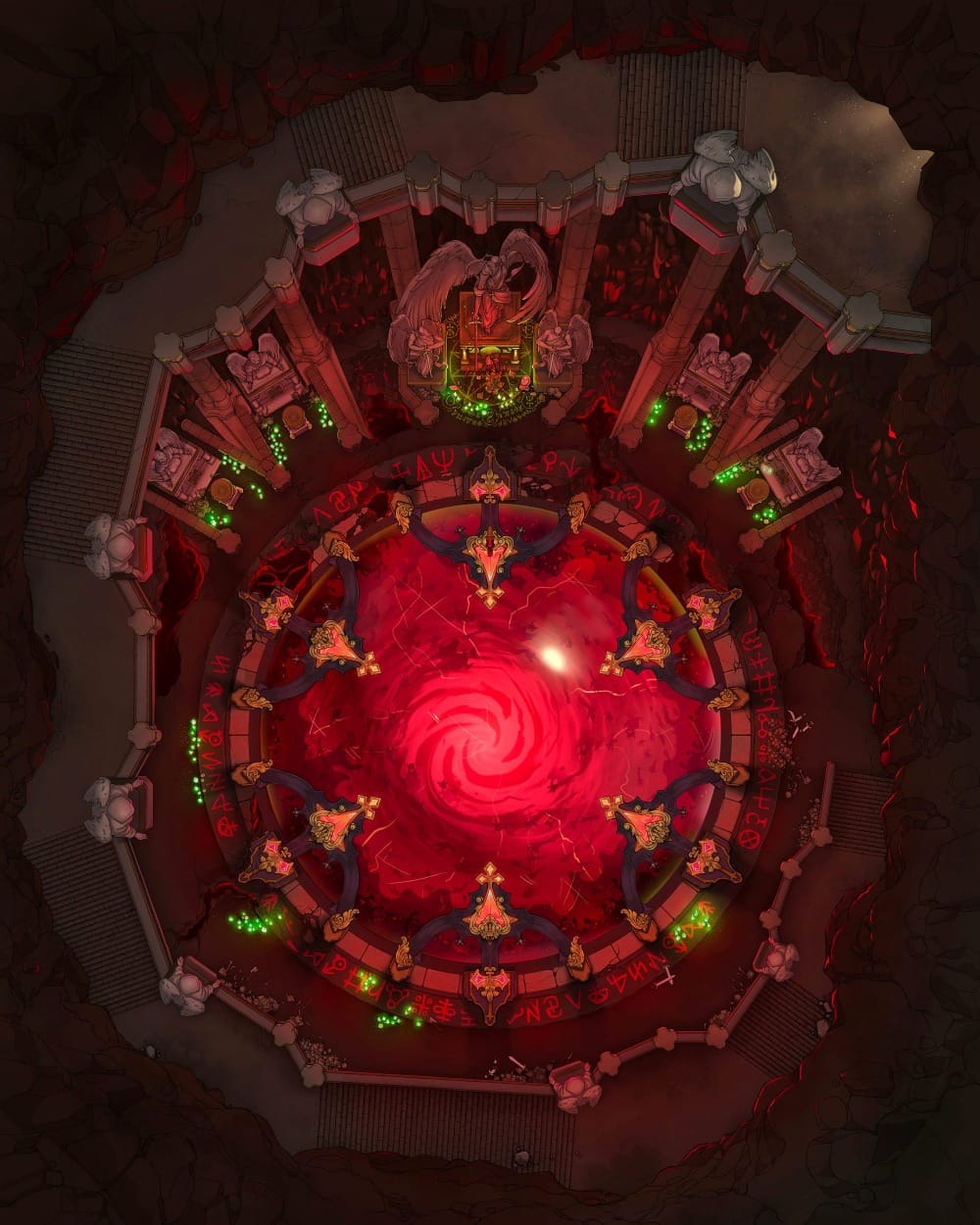 Top-down battlemap of a circular underground ritual chamber lit by eerie green candlelights. Statues and altars ring a massive swirling crimson portal at the center, set within a small rocky cave.
