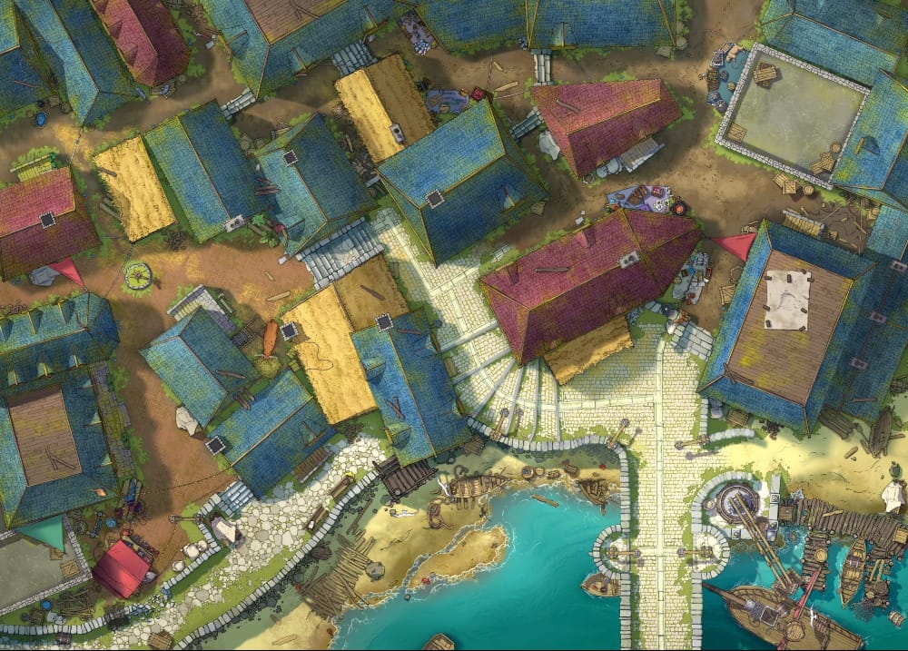 Top-down battlemap of a colorful waterfront city district with tightly clustered, multi-colored rooftops, some thatched and some tiled. Ramshackle wooden piers extend into the water with small boats and ships moored alongside them. The beachside is scattered with debris and loose planks.