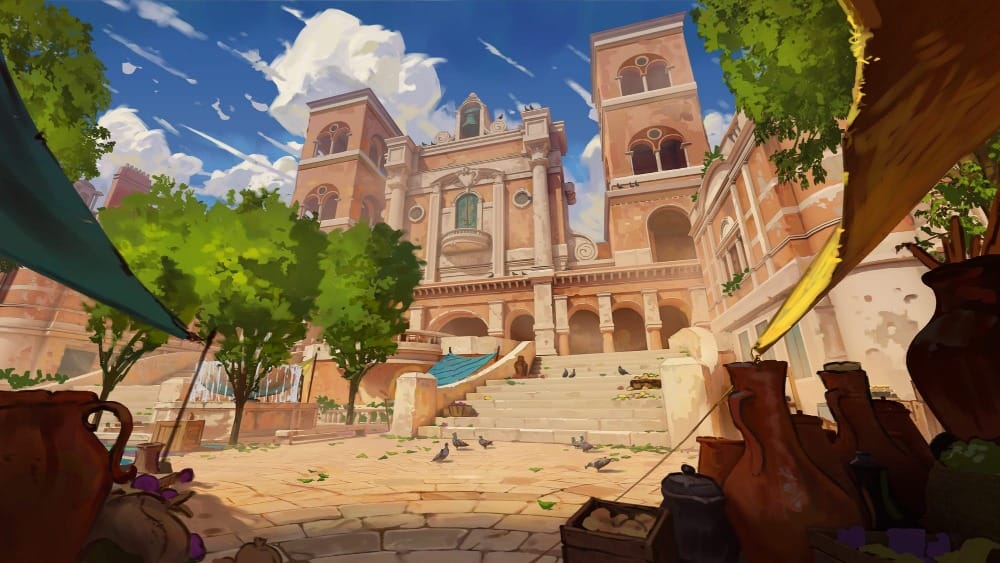 Illustrated scene of an open-air market plaza, as viewed from within one of the stalls. In the foreground are colorful tarps and market goods. A wide stone building with grand steps and tall windows rises behind them beneath a bright blue sky.