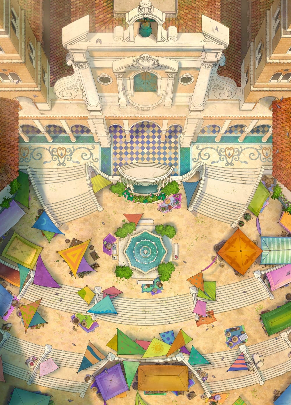 Top-down battlemap of a large open-air market. A massive ornate colonnaded building with black and white checkered floors and a bell tower sits above circular stairs that lead down to a plaza with a fountain, and several vibrantly colored market tents.