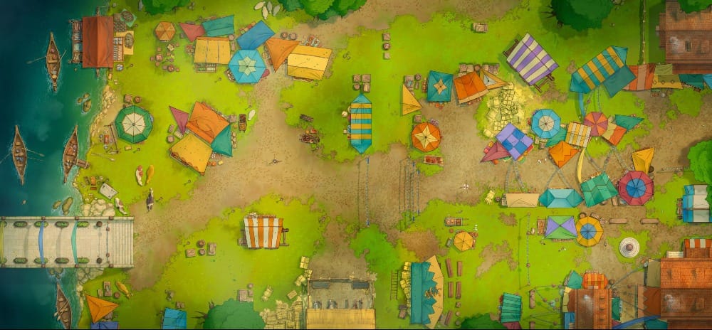 Top-down battlemap of a busy open market on a shoreline. Dozens of colorful tents and stalls in orange, teal, blue, and yellow are spread across an open grassy area. A river with small canoes runs past the market under a stone bridge.
