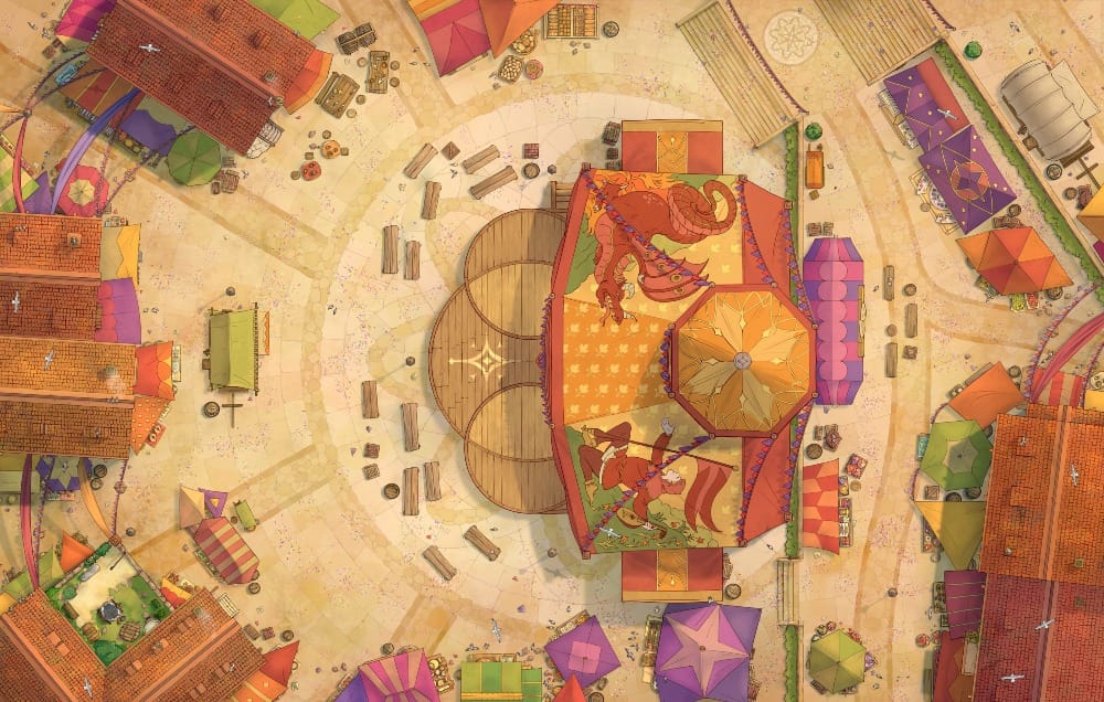Top-down view of a large medieval city plaza with a large central performance area. The tents and houses nearby are decorated with bright banners and bunting, and colorful market stalls line the square.
