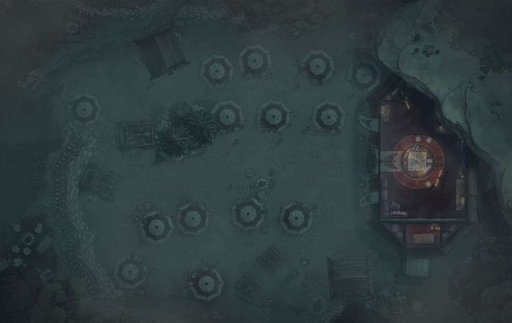 Top-down battlemap of a military encampment under a rocky cliff, amidst a dense fog. A large octagonal command tent sits at one end, surrounded by rows of circular war tents, watchtowers, and catapults. Stone walls and wooden barricades line the perimeter.