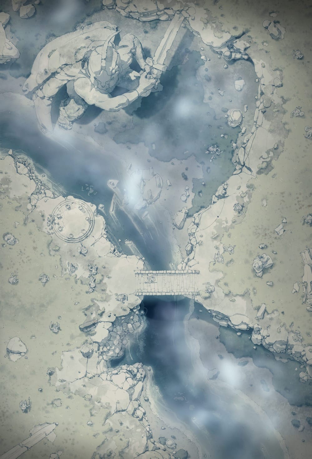 Top-down battlemap of a fog-covered, barren wasteland scattered with shattered stone rubble. A narrow stone bridge sits between two cliffs overlooking a wide river. In the water stands a large, cracked stone statue of a warrior with a sword.