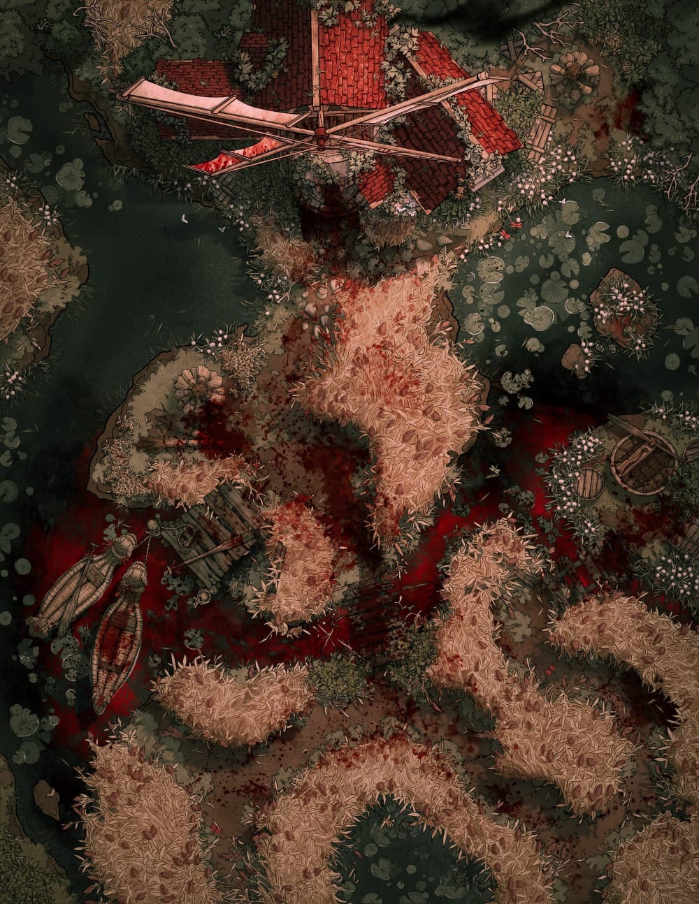 Top-down battlemap of an overgrown marshland windmill surrounded by swathes of tall grass and lilypads floating in water. A wide trail of blood cuts through the reeds and leads towards two small rowboats near the water’s edge.