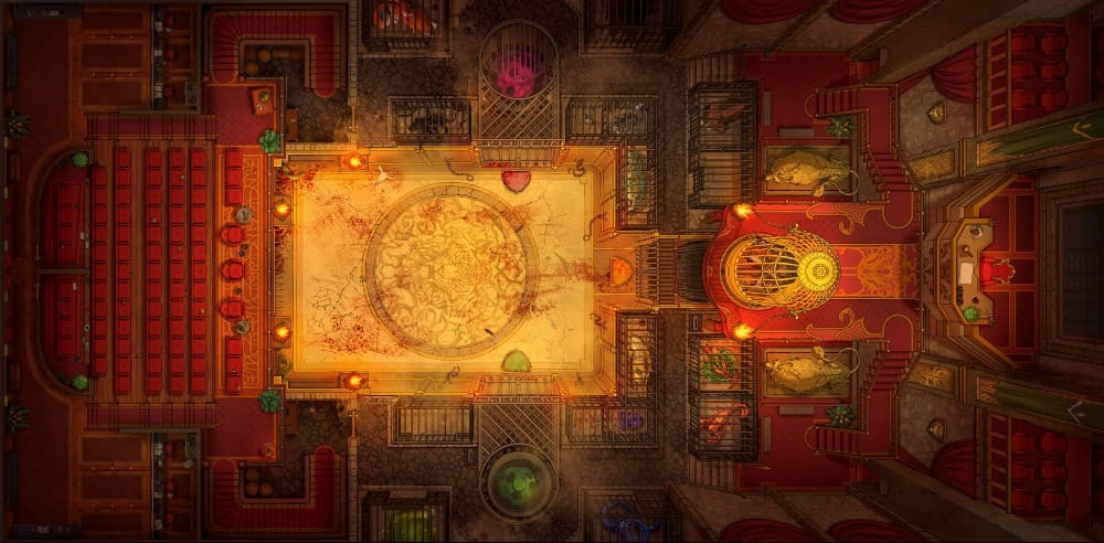 Top-down view of an ornate fighting arena with a blood-stained central arena, plush decor, and red velvet audience seating. All around are cages filled with exotic beasts. A judicial podium sits at the far end of the chamber.