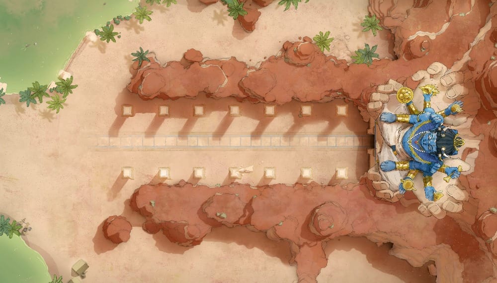 Top-down battlemap of a desert ruin site. Sandy red rock formations frame a columned pathway of weathered stone and rubble. The crumbling statue of a large, divine horned figure sits above the entrance to the ruins. Nearby is a small campsite of several tents.