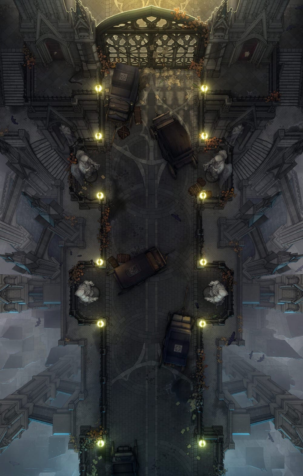 Top-down battlemap of a processional street high above a city skyline, with tall spires and rooftops visible on either side dropping away into fog below. The street is flanked by tall stone statues, lit on either side by rows of glowing lanterns, and occupied by several black carriages. At the far end, a wrought iron gate lets a bright, otherworldly glow through.