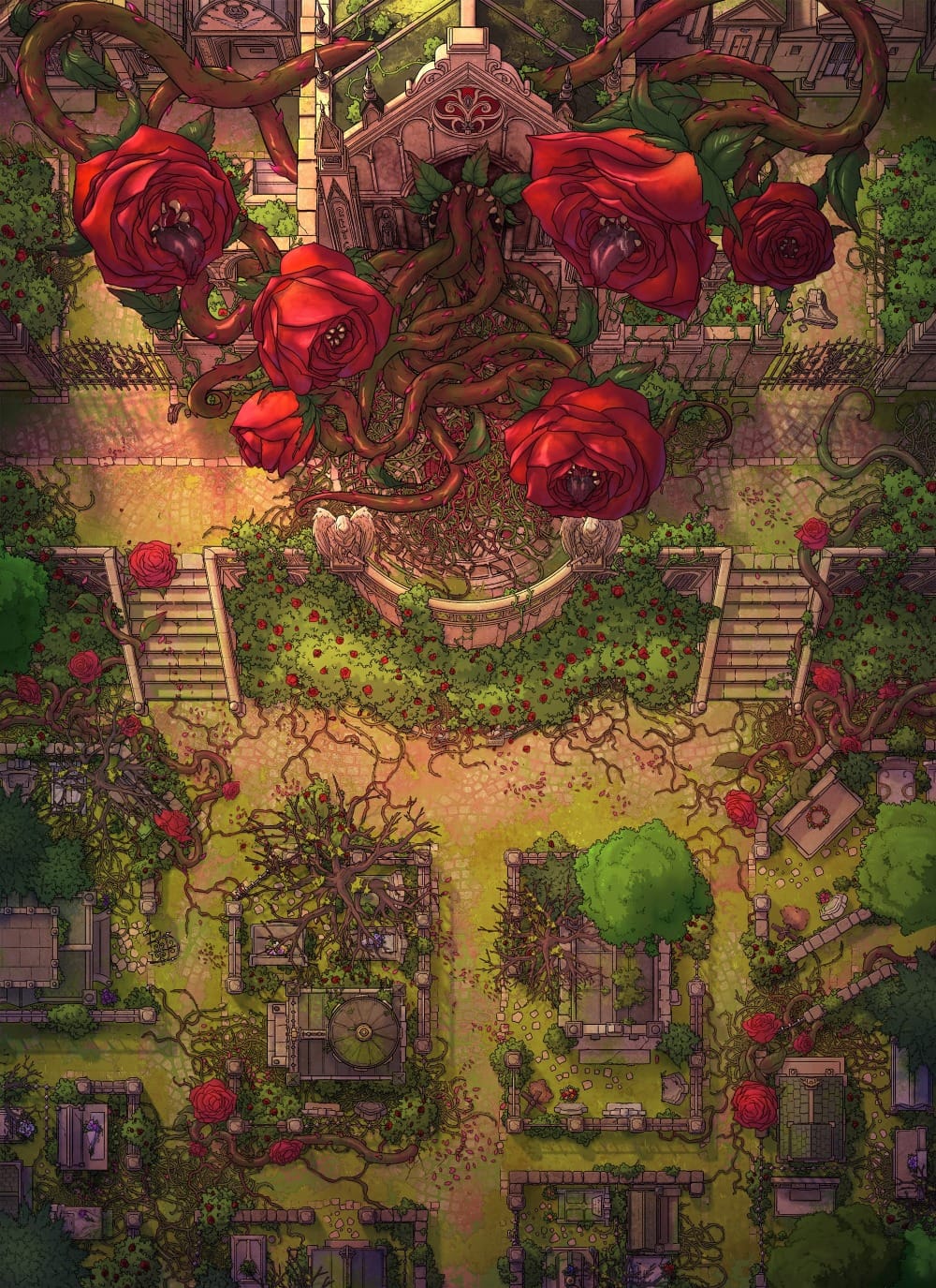 Top-down battlemap of an overgrown garden courtyard with stone pathways leading through tangled roots and branches. A massive tangle of vines snakes out from a greenhouse, each vine ending in a monstrous rose flower with large fangs and teeth lining the center of its bloom.