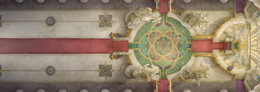 Top-down battlemap of an ornate throne room. A large decorative pattern of green, teal, and gold fills the center, flanked by red carpet runners leading up staircases to a regal throne. Sculpted statues of knights riding rearing horses circle the decor.