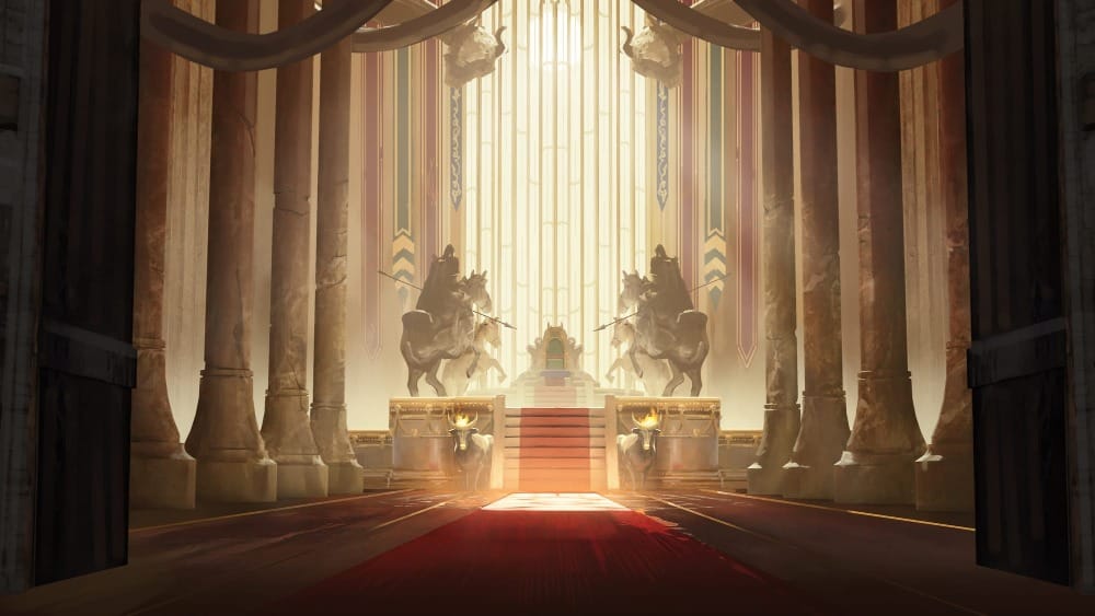 Illustrated scene of a grand colonnaded palace hall. Two armored statues riding horses flank a plush throne at the far end, lit by warm ethereal light flooding through a tall window behind it.
