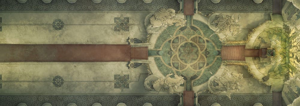 Animated illustrated scene of a grand colonnaded palace hall. Two armored statues riding horses flank a plush throne at the far end, lit by sickly yellow light flooding through a tall window behind it. The floors are stained with dirt and grime, and the room is filled with a dim haze.