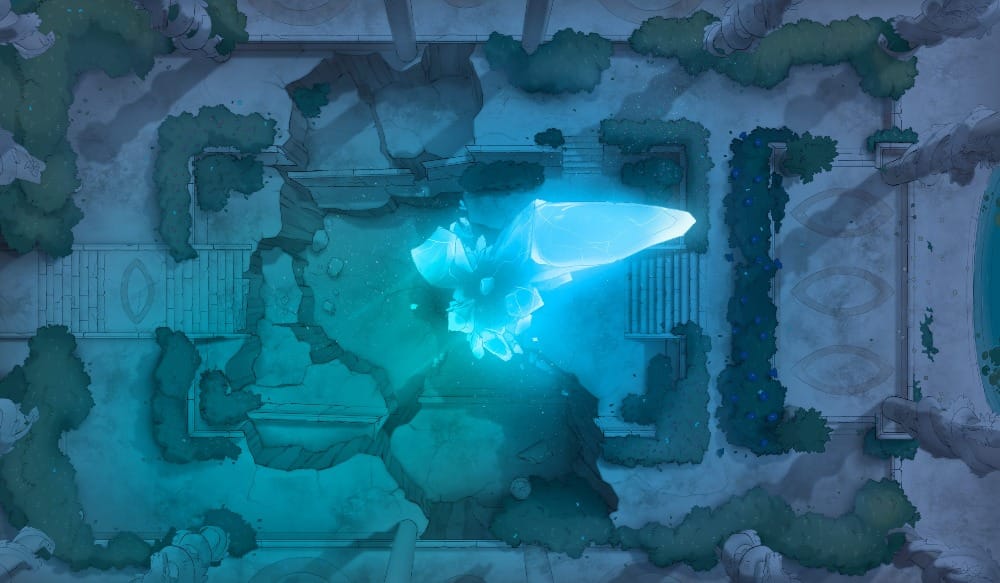 Top-down battlemap of a cracked and collapsed stone courtyard with a massive glowing teal crystal formation erupting from the floor at its center, casting a pale blue light on the surrounding rubble and manicured bushes.