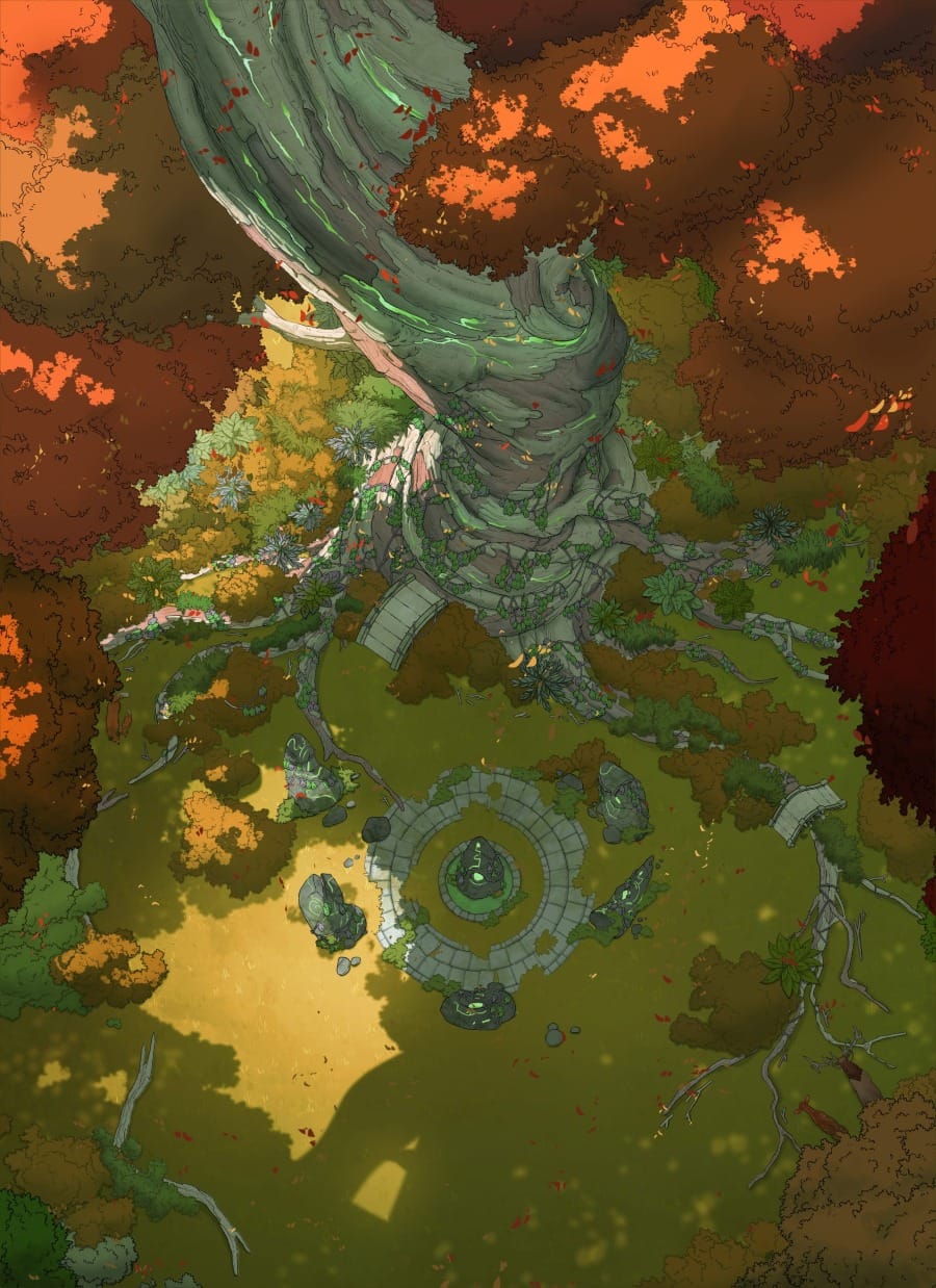 A top-down battlemap of a massive ancient tree rising from a forest clearing. At the foot of its gnarled trunk is a small circular stone henge. The canopy and surrounding forest are deep red, orange, and gold.&nbsp;