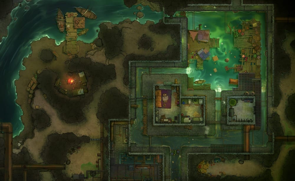 Top-down battlemap of a city sewer system that intersects with flooded stone tunnels. A clandestine hideout is built into the sewer system, with rickety docks and tents floating atop green water.