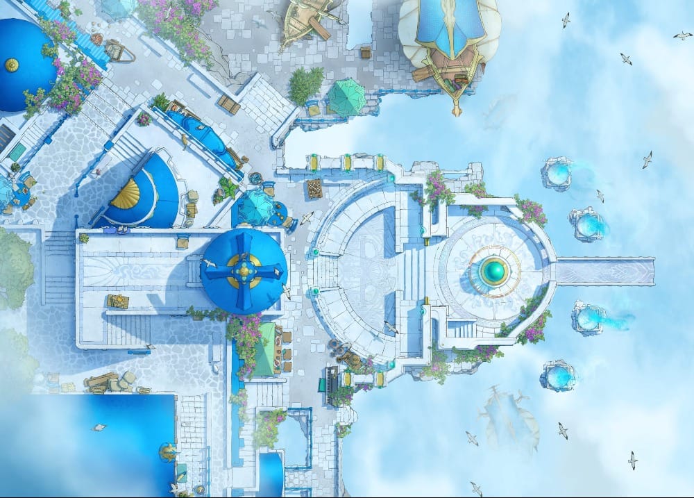 Top-down battlemap of a grand floating plaza built from white and blue stone. Ornate circular structures and open promenades sit amidst pale blue sky and soaring birds, surrounding blue-domed buildings and neat flowering gardens.