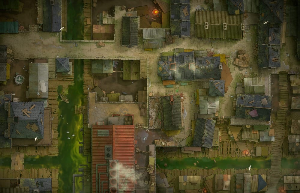 Top-down battlemap of a flooded slum district, with a wide, green-tinged canal running between rundown, closely packed houses. Smoke rises from the chimneys of several patched rooftops, giving the area a hazy atmosphere. The streets are lined with awnings, tents, and makeshift shelters.