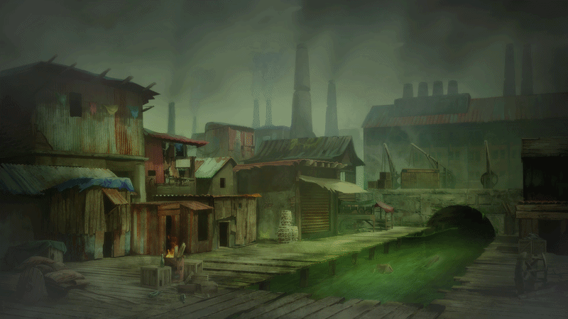 Animated illustrated scene of a slum district crowded around a green-tinged canal. Its patchwork buildings, largely made of corrugated metal, are crowded beneath a smoggy sky and tall smoking chimneys in the background.