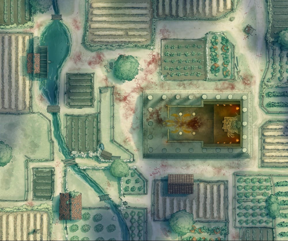 The same pastoral settlement as above, but with an internal view of the temple structure. The dirt path and interior of the temple are streaked with red bloodstains, and the lighting is much colder.