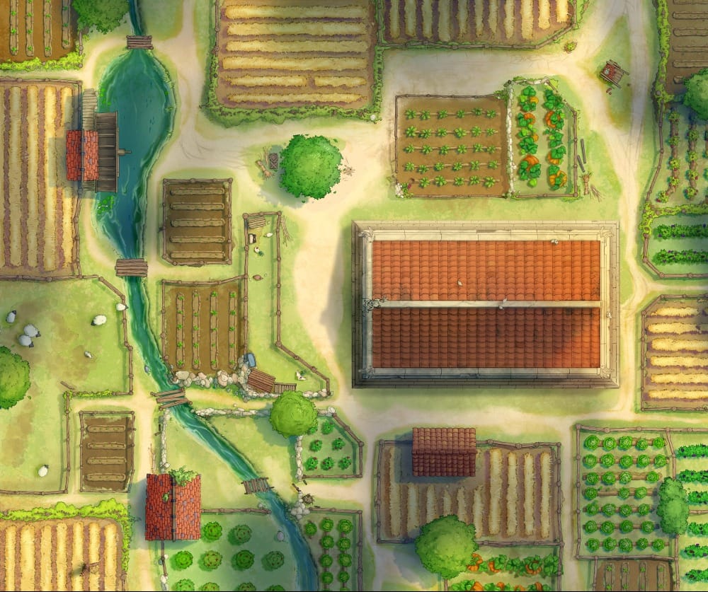 Top-down battlemap of a pastoral settlement, with neat rows of crops, livestock enclosures, a vineyard, and a small stream running through the farm. A small temple structure with a terracotta roof sits at the center, surrounded by the fenced plots and a winding dirt road.