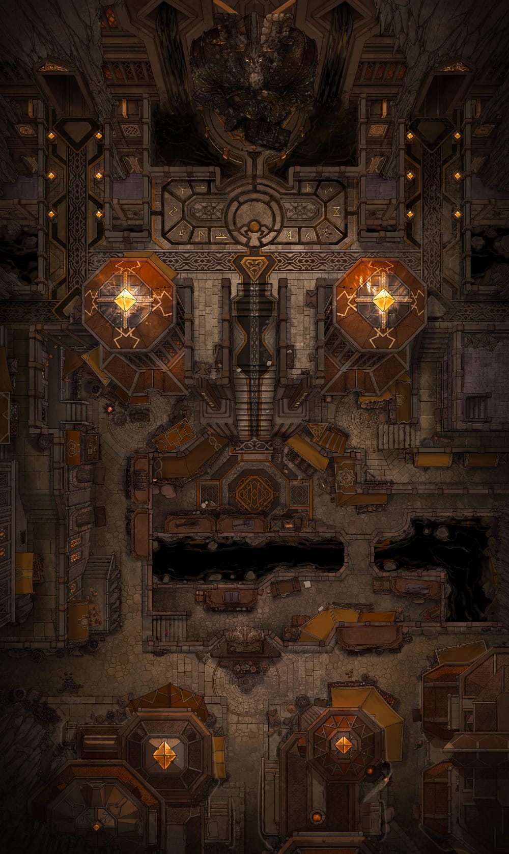 Top-down battlemap of a subterranean dwarven city hub. Heavy, geometric stone architecture and tiered staircases lead up to a large statue of a warlike dwarven figure. Around the statue and between walkways are canals of dark, inky liquid.