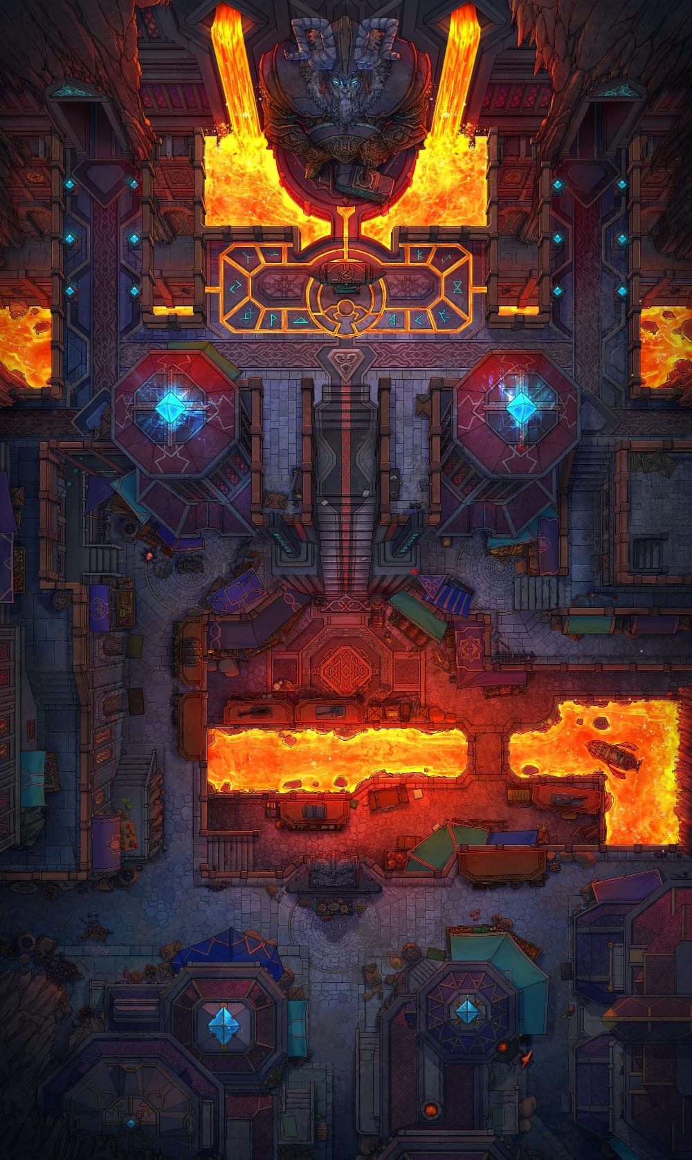 Top-down battlemap of a subterranean dwarven city hub. Heavy, geometric stone architecture and tiered staircases lead up to a large statue of a warlike dwarven figure. Around the statue and between walkways are canals of bright, molten lava.