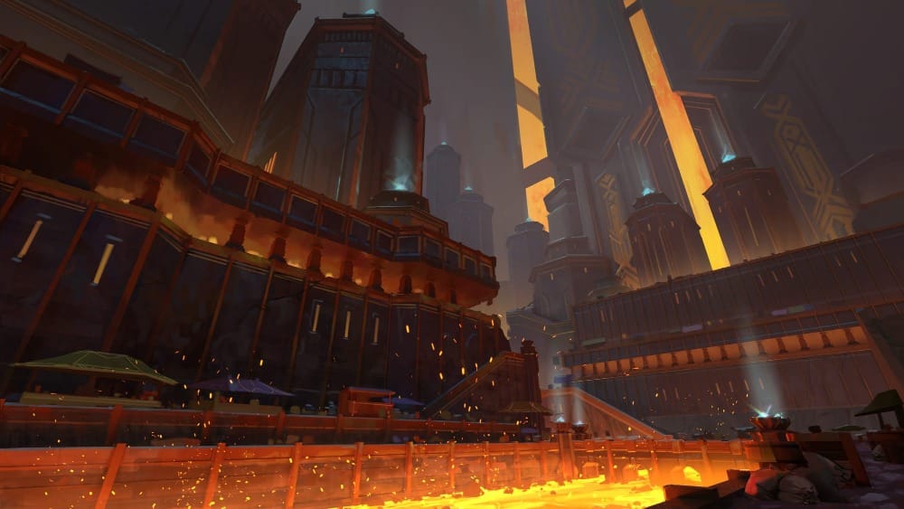 A painterly illustrated scene of a vast, underground city lit by canals of molten lava. Towering stone structures rise amidst waterfalls of lava cascading down from the cavern ceiling.
