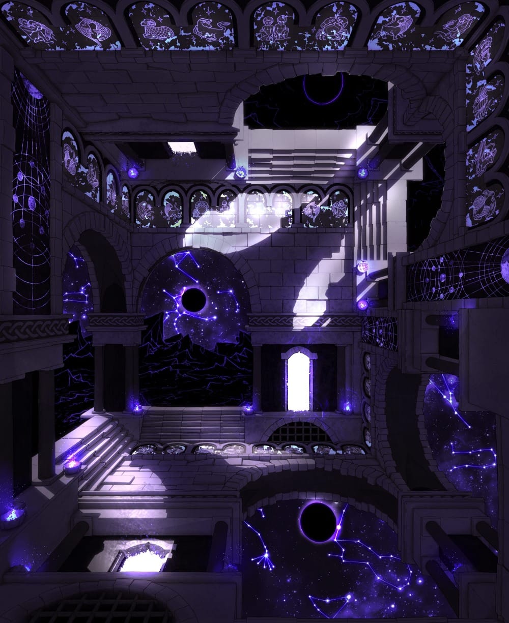 Top-down battlemap of the inside of a stone tower lined with star and constellation motifs. The architecture defies gravity and logic: doors sit on the floor, windows line the ceiling, and archways hang upside down. Where the walls open up, only void and stars are visible beyond.