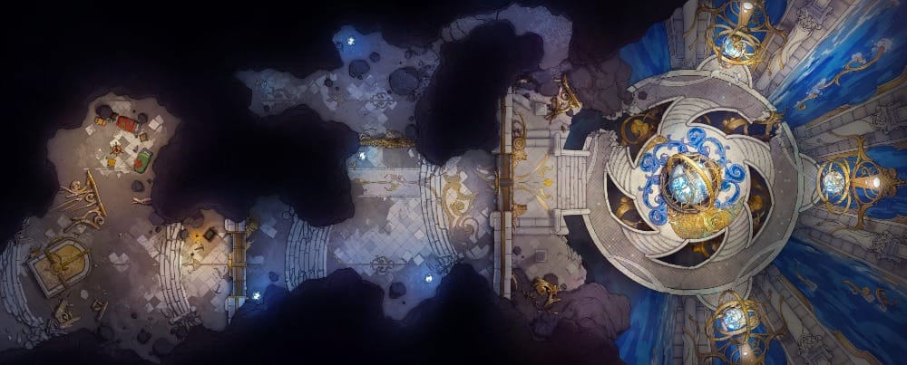 Top-down battlemap of tunnels filled with scattered notes and debris. The tunnels lead into a huge central chamber dominated by a circular platform, upon which sits a large, ornate blue-and-gold armillary sphere.