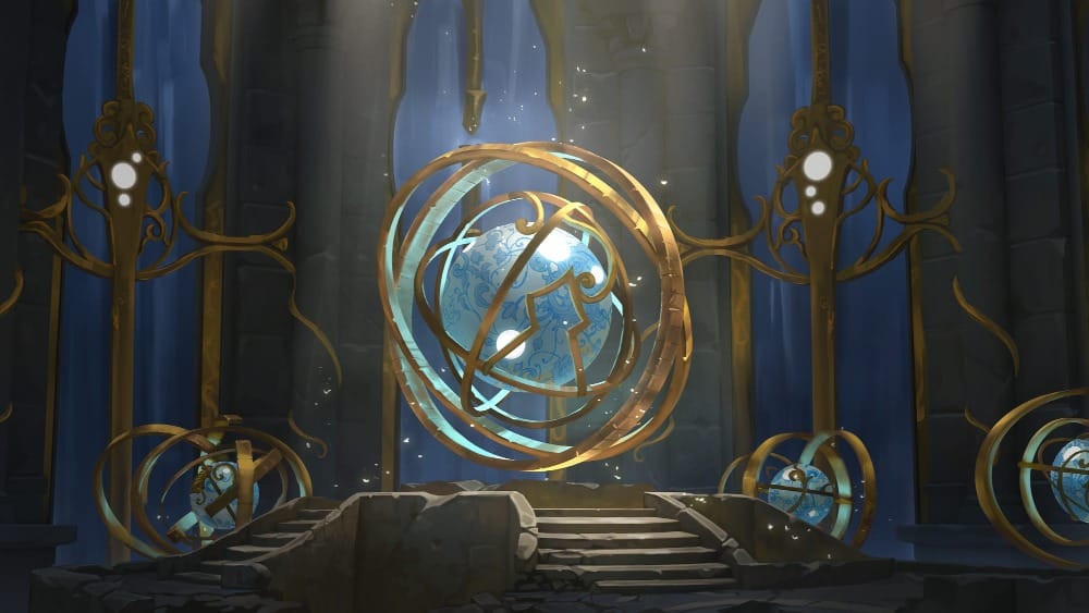A painterly illustrated scene of a grand stone hall with cascading waterfalls outside the windows. A golden armillary sphere rotates slowly on a raised dais.