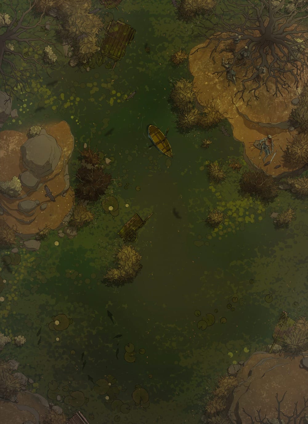  Top-down battlemap of a murky green swamp with a small wooden boat floating on algae-filled waters. Scattered lilypads drift alongside the broken remains of carts and debris. Small rocky islets rise above the water, topped with gnarled trees and tangled roots.