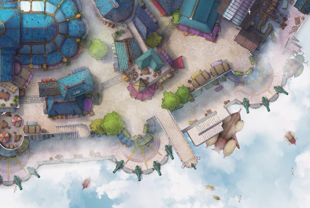 Top-down battlemap of a colorful skyport town built along the edge of a floating island. Teal rooftops crowd around bright market stalls and tarps lining stone streets, with open clouds visible just past the seafront-style boardwalk. Emerald cannons face outward from the town’s edge towards the open sky.