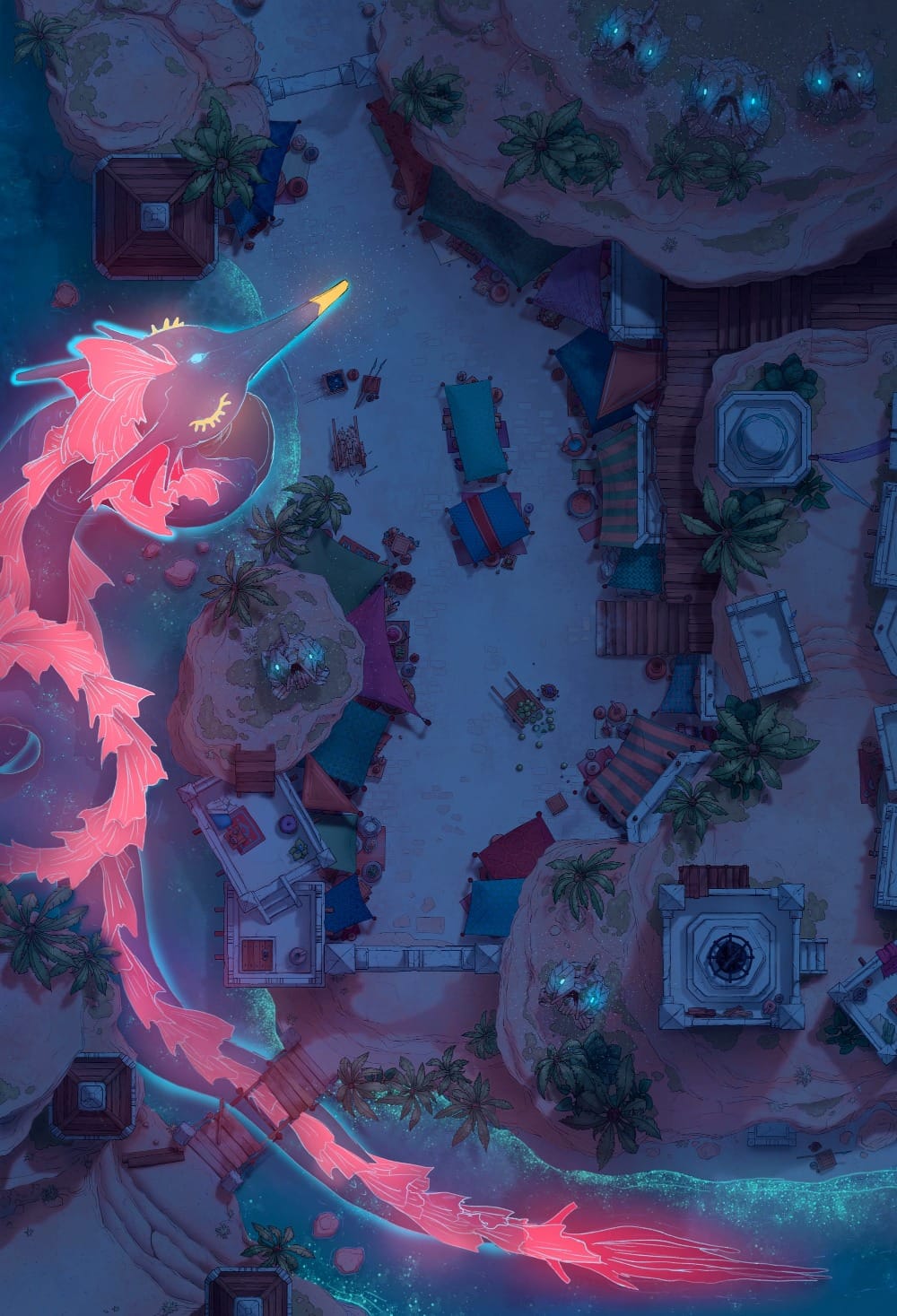 Top-down battlemap of a beachside bazaar at night. Colorful market stalls and tents line a sandy shoreline dotted with tropical plants. A massive glowing pink sea serpent coils through the water, its head looming over the settlement.