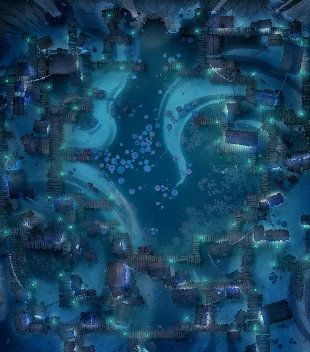 Top-down battlemap of a stilted village built over dark water. Wooden piers and floating platforms hold various market stalls and tents, lit by scattered glowing spirit flames. Below the surface of the water are teal ghostly swirls.