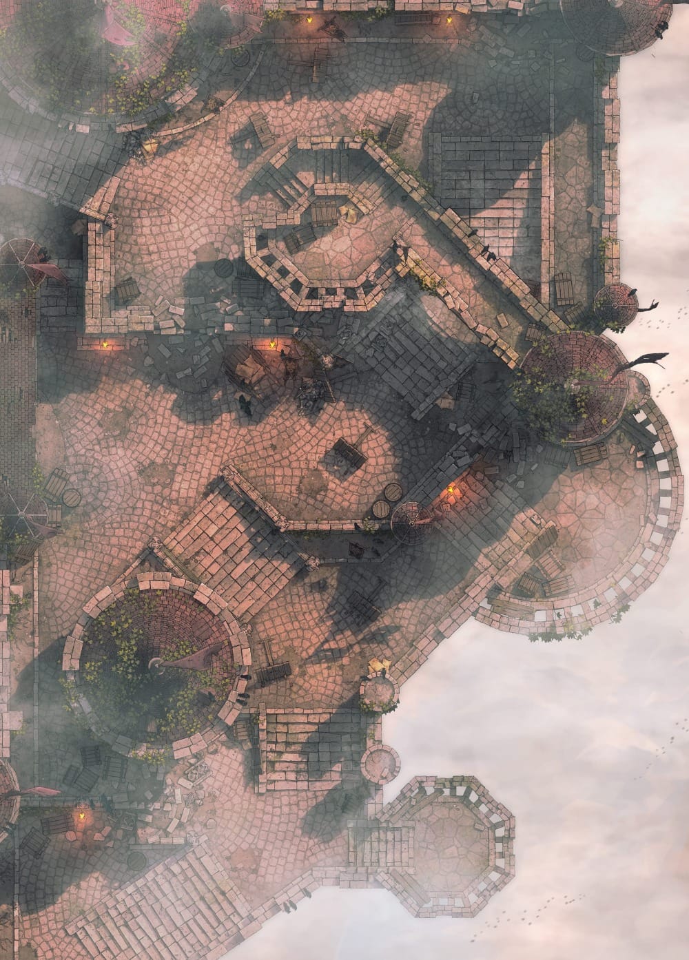 Top-down battlemap of the courtyard of a stone fortress in daylight, high above the clouds, with some other castle battlements visible far below. Weathered pale stonework connects circular tower platforms topped with red-tiled roofs and flying banners.