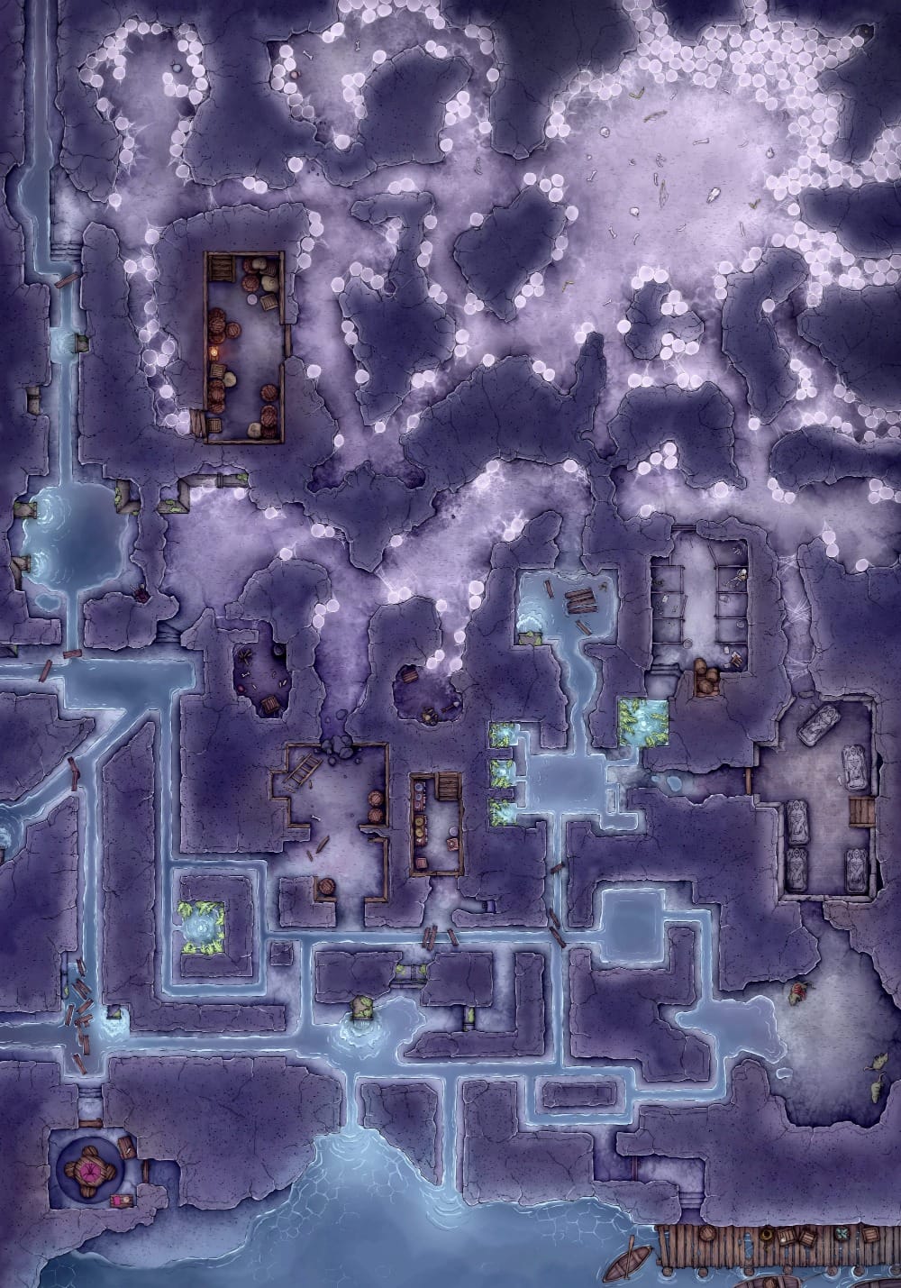 Top-down battlemap of a vast underground cavern complex filled with barrels and living quarters. The tunnels gradually become more obscured with webs, and eventually open up into a massive cavern covered in spider cocoons and egg sacs.