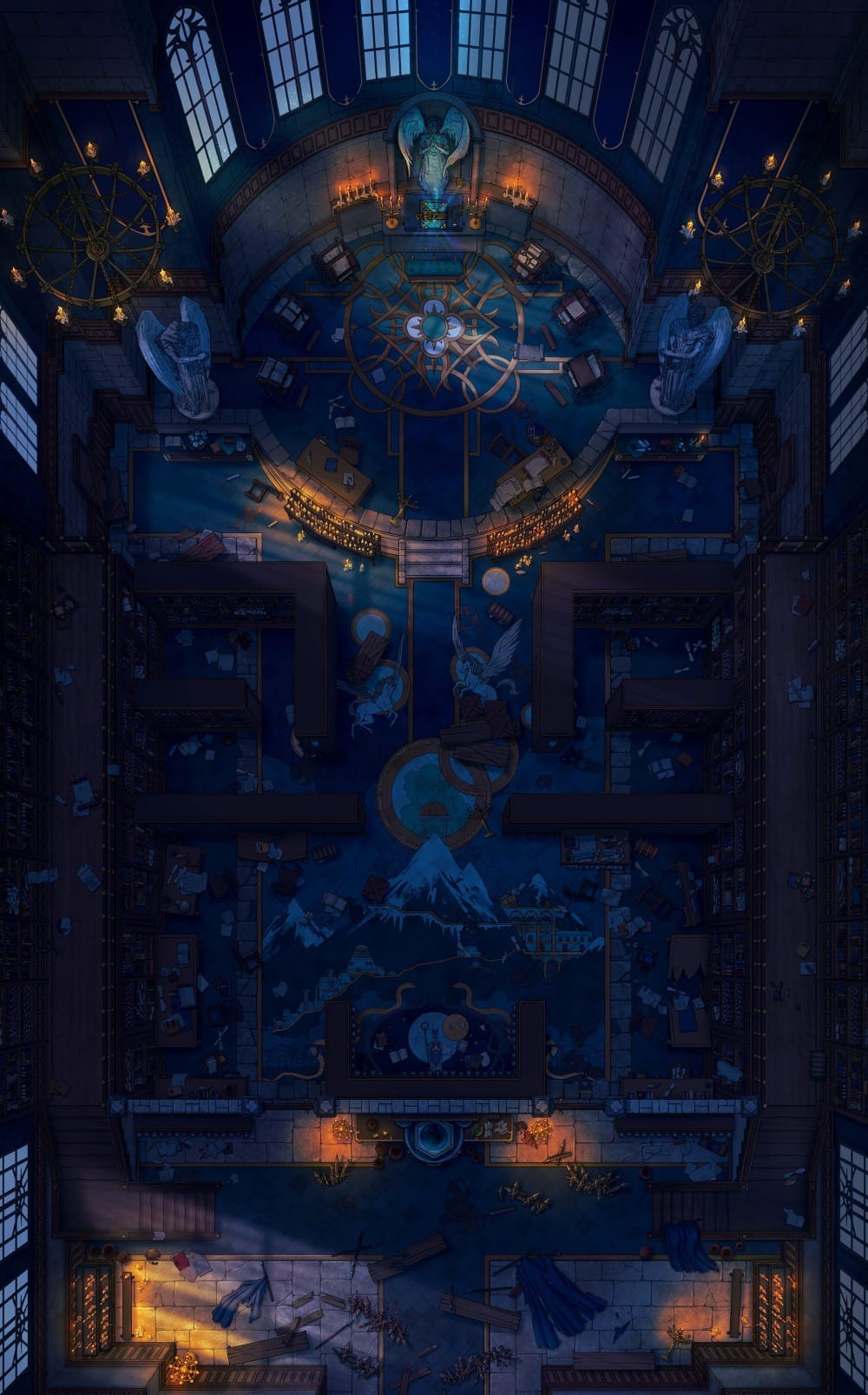 Top-down battlemap of a large chapel interior at night, lit by faint moonlight and candlelight. Labyrinthine dark-wood bookshelves line a gold-and-blue floor depicting the mosaic of a huge mountain. Lecterns and research tables ring a circular apse flanked by angel statues.