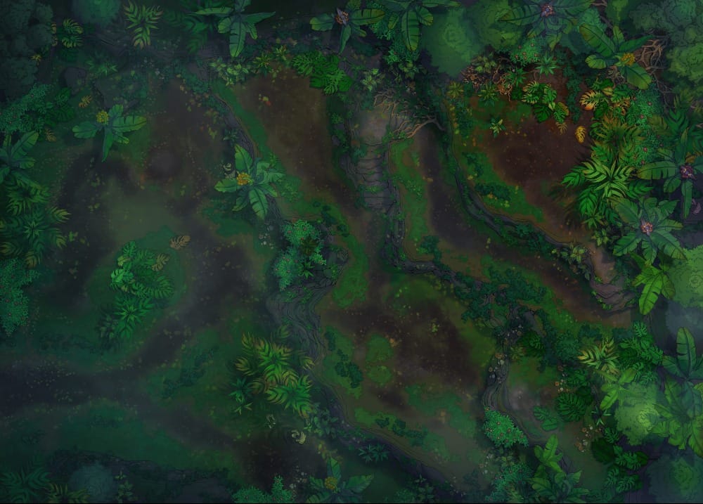 Top-down battlemap of a dense tropical forest. A dirt path winds up through tiered rocky switchbacks, surrounded by thick tropical ferns and a thin layer of mist that drifts through the undergrowth.