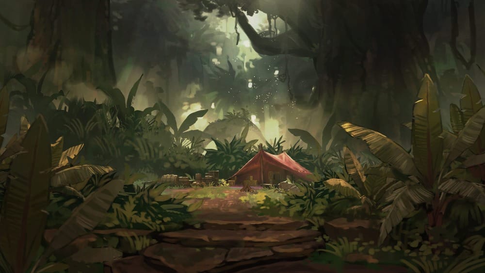 An illustrated scene of a dense tropical forest, illuminated by hazy sunlight filtering through the canopy. A natural stone staircase ascends toward a dim clearing under massive trees, where a small camp sits amidst ferns and tropical plants.