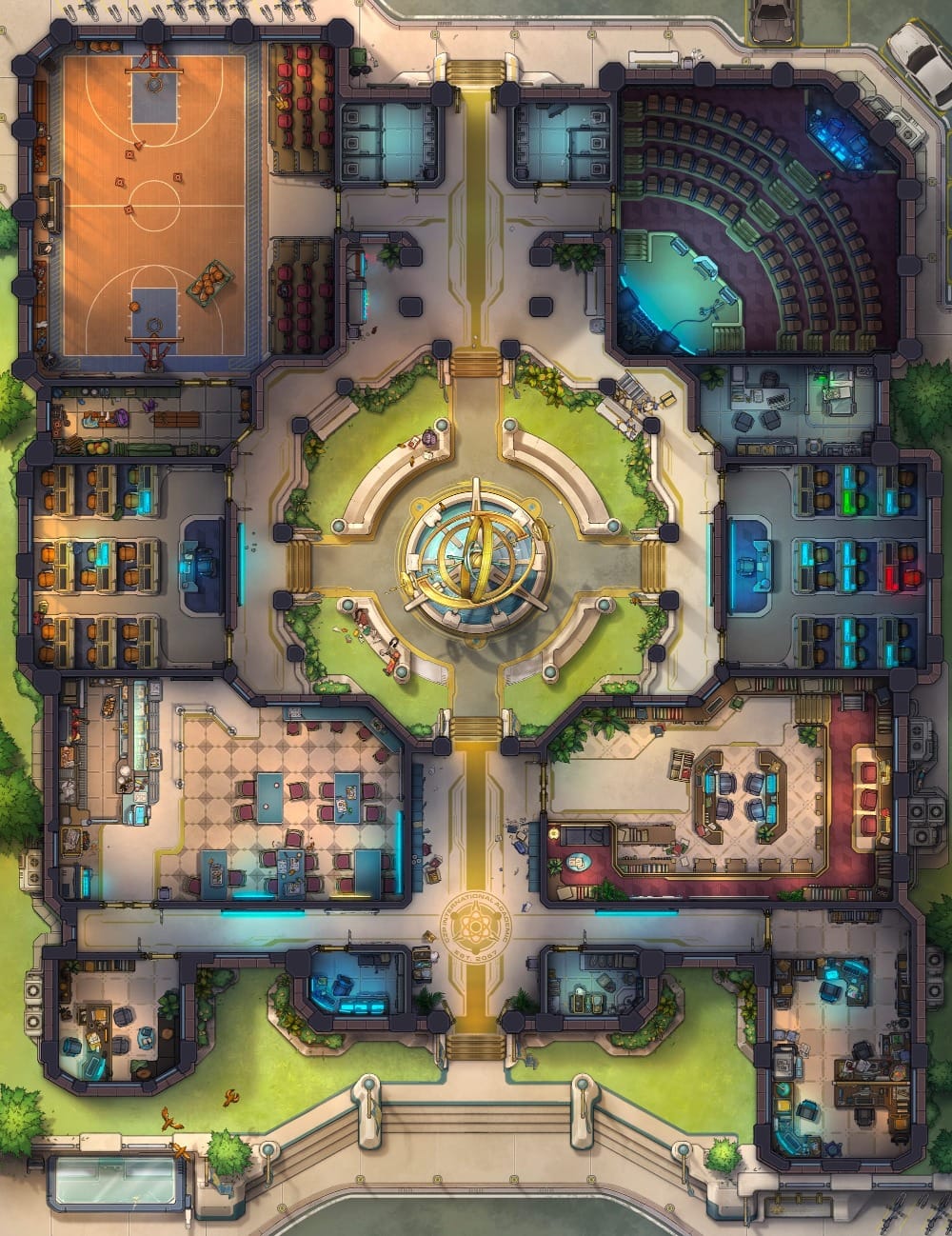 Top-down battlemap of a campus quad with a central golden armillary sphere fountain and well-maintained gardens, connected by walking paths to various locations such as a basketball court, a lecture hall, classrooms, and a cafeteria.