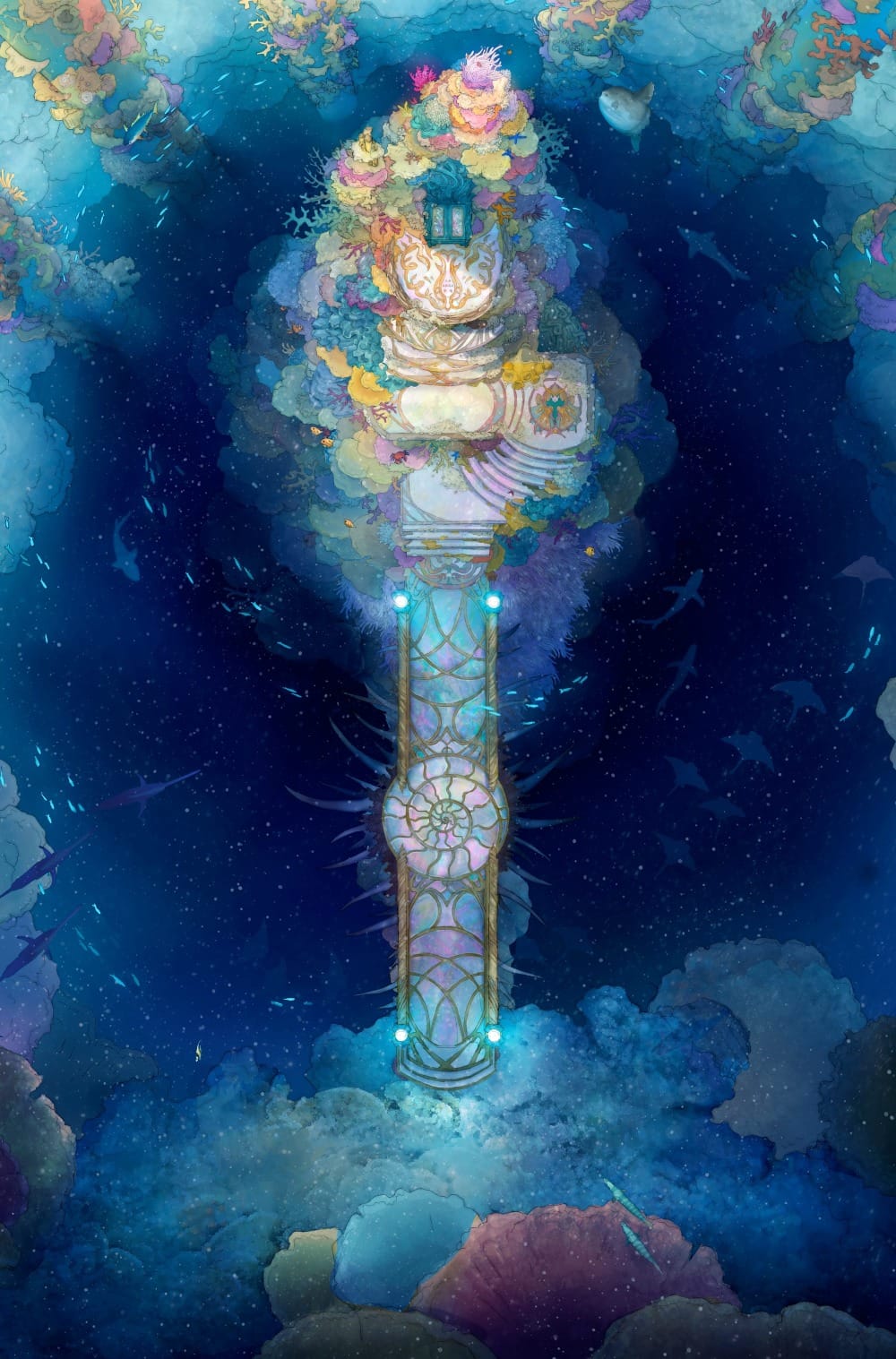 Top-down battlemap of an underwater coral platform floating above a deep blue abyss. A bridge of iridescent stained glass with a nautilus pattern connects it to the sea floor. All sorts of marine creatures drift in circles around the platform, which holds a single ornate blue throne.