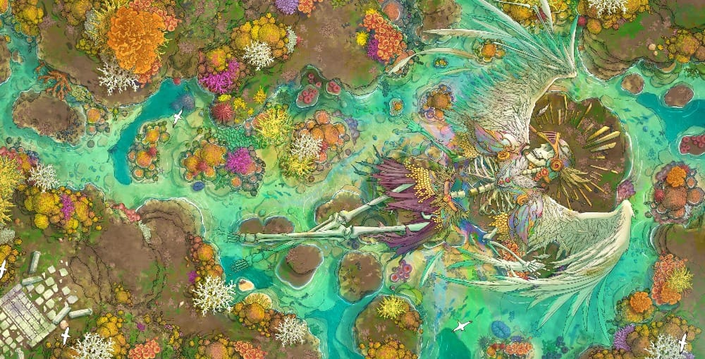 Top-down battlemap of a colorful coral reef surrounding a shallow tide pool, beside some stone ruins. The skeletal remains of a massive winged figure wearing pieces of golden armor lies in the water, its bones overgrown with vibrant coral.