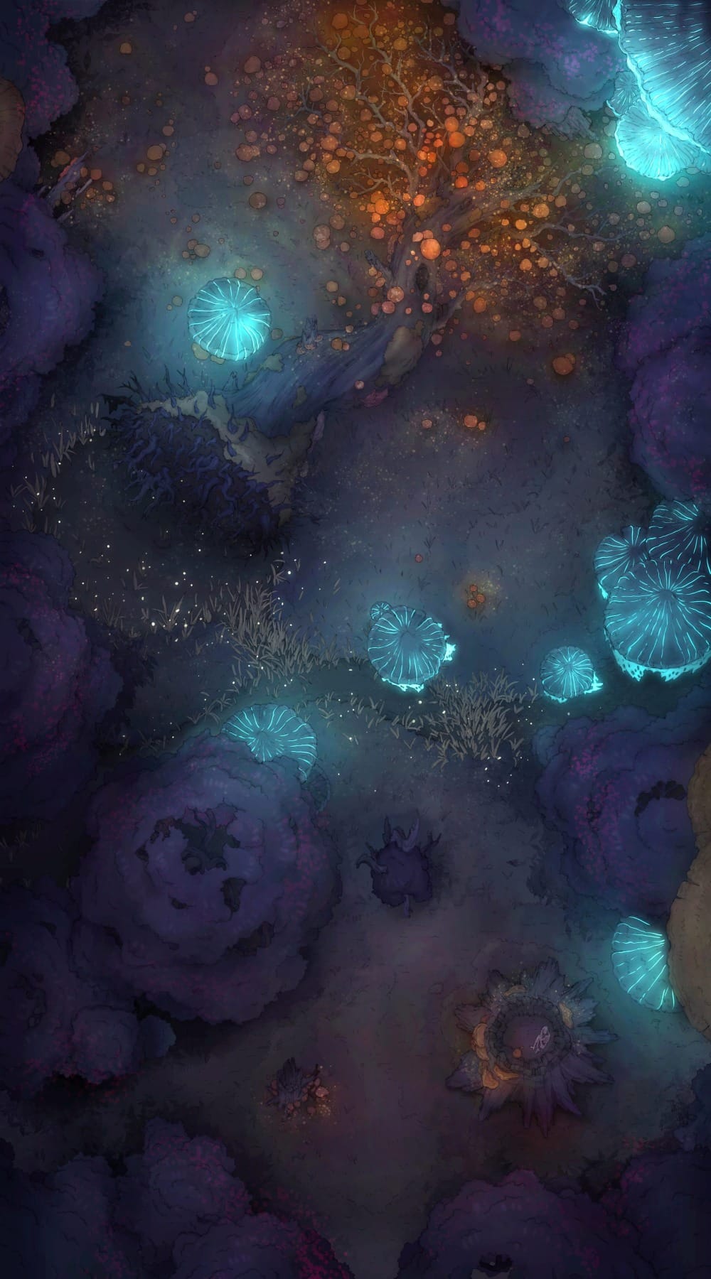 Top-down battlemap of a dark, blighted forest floor lit by bioluminescent fungi. Sickly orange fungal growth spreads across the twisted branches of a fallen tree. Twisted roots, pale grass, withered trunks, and dark, looming trees close in around the clearing.