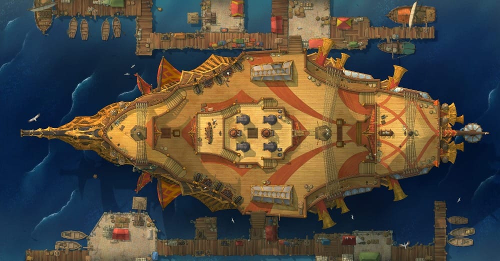 Top-down battlemap of a massive, ornate galleon with a dragon figurehead and gold decorative trim. It has red and gold sails, intricate rigging fanning out from a central deck lined with cannons, and is docked at a harbor among smaller boats.
