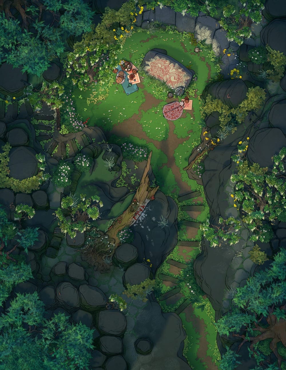 Top-down battlemap of a small stone clearing tucked into a shaded forest hollow. A painted memorial slab and scattered baskets of offerings sit atop a patch of grass, framed by mossy boulders, wildflowers, and a narrow stream. A nearby fallen log is painted with runes.