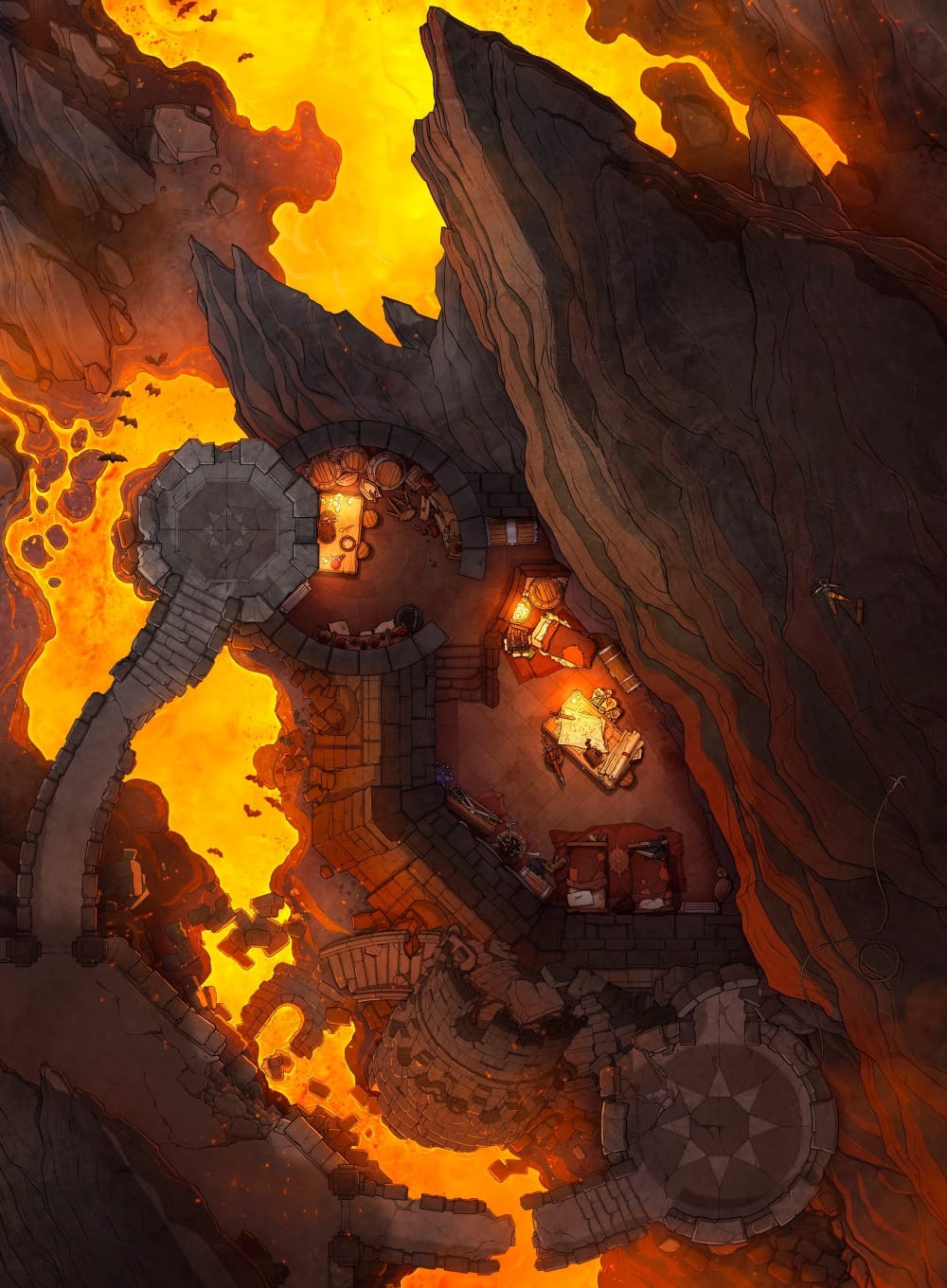Top-down battlemap of a small fort built into the side of a mountain cave. Stone battlements and rocky walls enclose a compact barracks interior with bedrolls, supplies, and a wooden table. Outside, a lake of flowing lava surrounds the fortress.