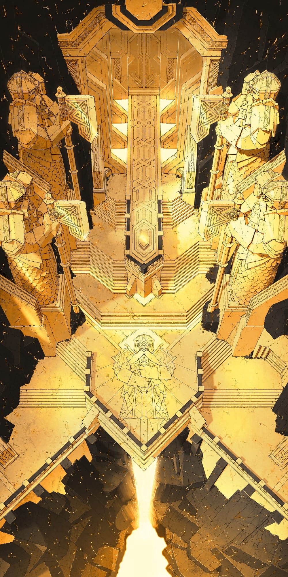 Top-down battlemap of a grand entrance corridor opening on platforms built into a cliff face. All architecture is ornate and built entirely out of solid gold, with dwarven carvings and statues lining the corridor. A molten gold waterfall flows below it.