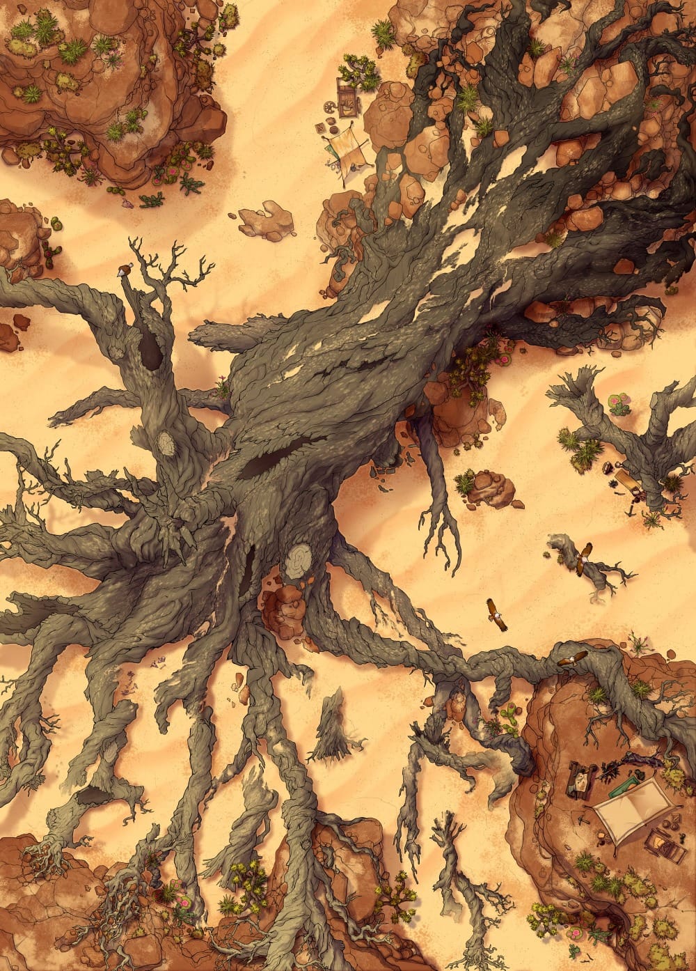 Top-down battlemap of a massive fallen tree in an arid desert landscape. Thick, gnarled branches sprawl across a sandy clearing bordered by rocky outcroppings. Several small campfires and supplies are scattered around the tree.