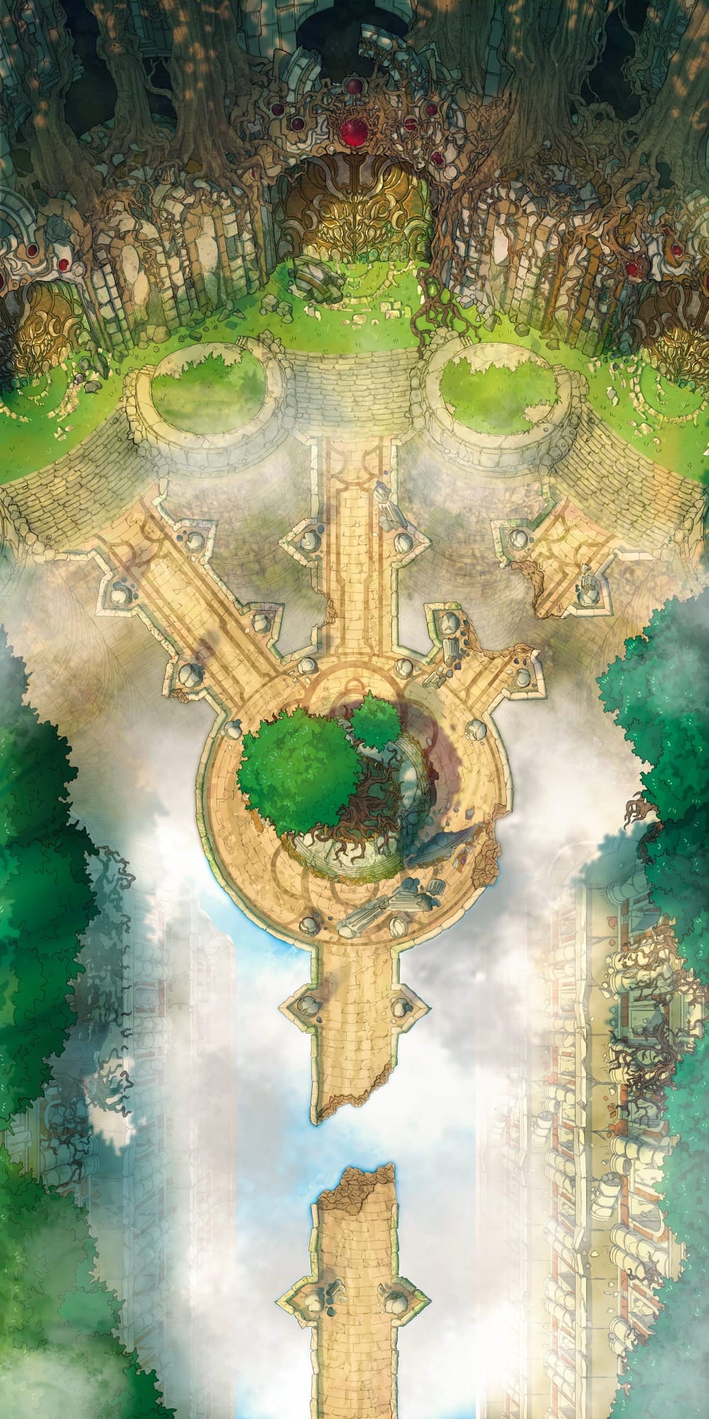 Top-down battlemap of a stone causeway crossing over drifting clouds, leading to a small central platform with a tree before splitting into three paths towards elegant, overgrown ruins. Weathered structures line the sides of the bridge, dropping away into the clouds below.